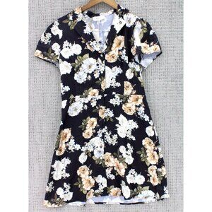 Rihoas Mini Dress Womens Black Floral Button Up Short Sleeve Size Medium NWT